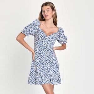NWT Lulus Grateful Feelings Blue Floral Print Puff Sleeve Mini Dress Medium